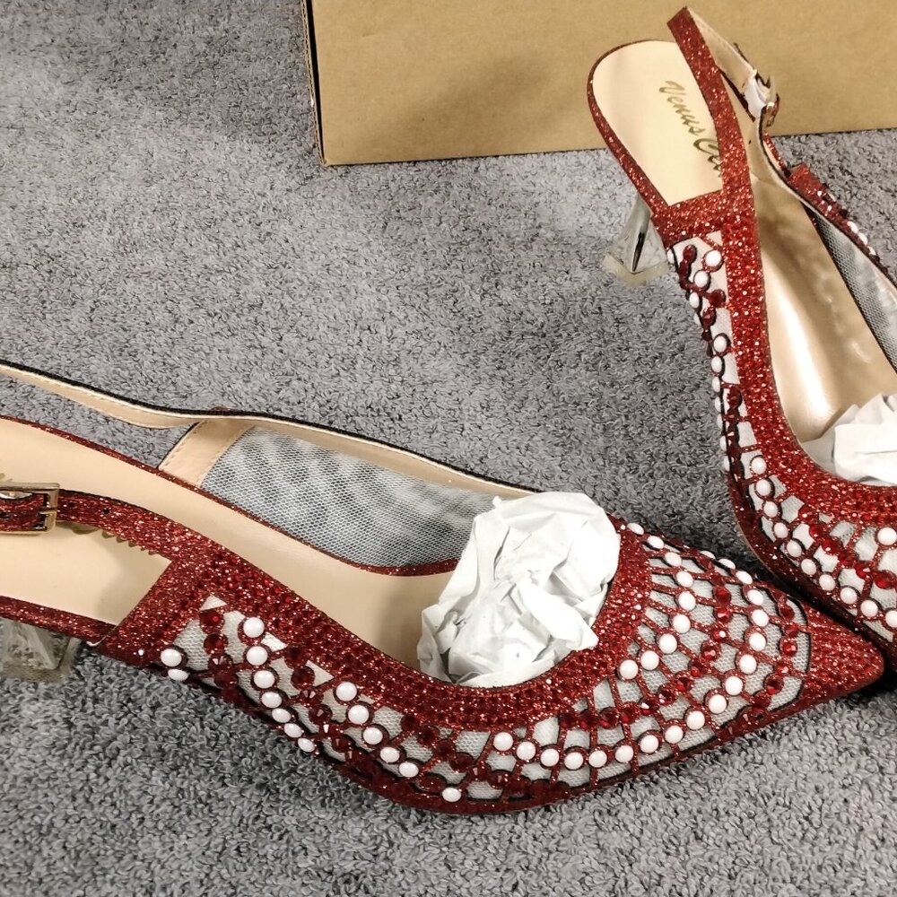 Venus Celia Shoes Womens Size 8.5 Red Studded Slingback Heels Pointed Toe Mesh